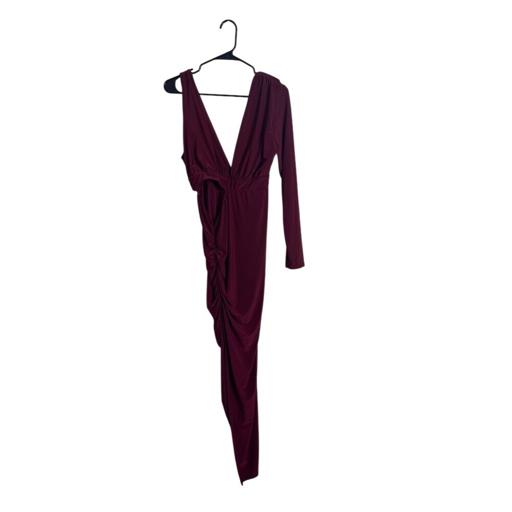 IVIN IVIN Maxi Dress Womens M Burgundy One Sleeve Deep V Ruched Long